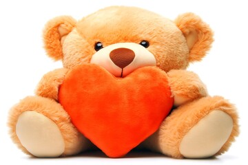 Teddy bear holding a heart shaped pillow on a white background in a studio setting for valentine day