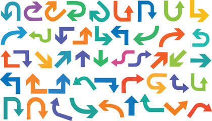 Colorful arrow vector doodle set featuring bold, playful, curved, and abstract arrows. Perfect for infographics, presentations, web design, social media graphics, marketing, icons, UI elements.