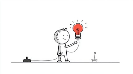 A stick figure replaces a bulb with an LED, promoting energy-saving habits and eco-friendly choices at home.
