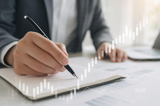 AI generated a businessperson writing with pen on paper while analyzing overlaid financial charts in natural light symbolizing precision planning and data integration - Powered by Adobe