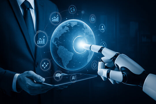 AI generated image showing a robot and human interacting with a glowing digital globe surrounded by analytics icons, symbolizing AI driven global data integration and smart collaboration