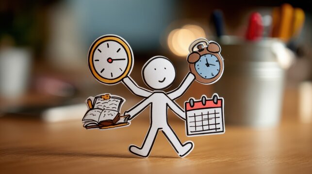 A stick figure handles clock and calendar, symbolizing the art of time management for better focus and less overwhelm.
