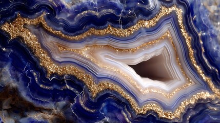 Blue agate geode with golden veins intricate patterns and crystal formations geological beauty