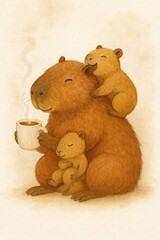 A cozy capybara family enjoying a warm drink together.
