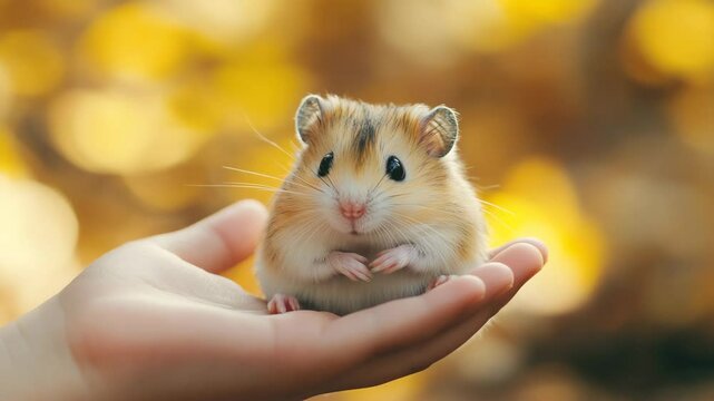 A small hamster is in a person's hand. The hamster is brown and white. The person is holding the hamster gently