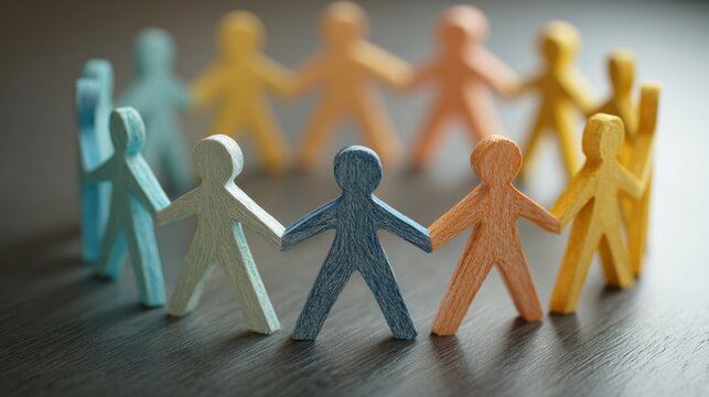 A circle formed by stick figures represents unity in diversity, as people meet to discuss, decide, and drive community progress.