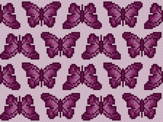 Seamless pixel background with purples butterflies. 
