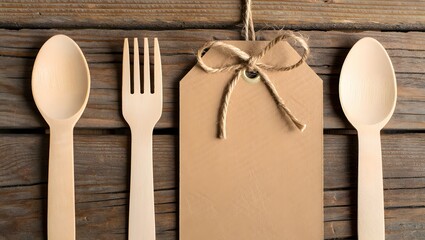 Wooden Utensils and Blank Tag on a Rustic Background