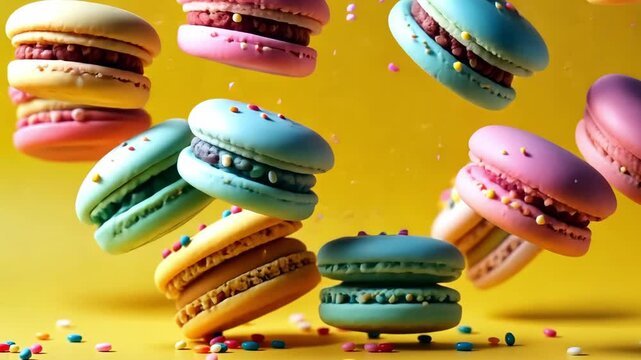 Animated flying Floating macaroons with colorful sprinkles on a vibrant white background.	