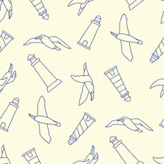 Outline Vector Seamless Pattern of Albatross  Animal Lighthouse Background for Fashion Wrapping Print Fabric