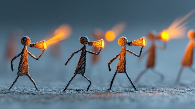 Stick figures using flashlights to patrol highlight how joint action strengthens neighborhood security.
