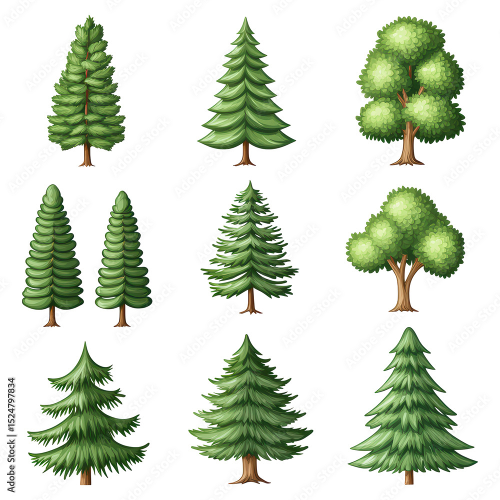 Poster collection of hand-drawn green trees with various shapes and sizes, isolated on transparent backgrou