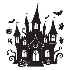 Halloween castle silhouette vector illustration at night with moon and medieval towers