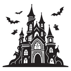 Halloween castle silhouette vector illustration at night with moon and medieval towers