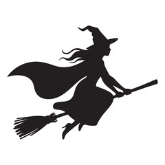 Witch flying on broom with hat and cat in Halloween cartoon silhouette illustration
