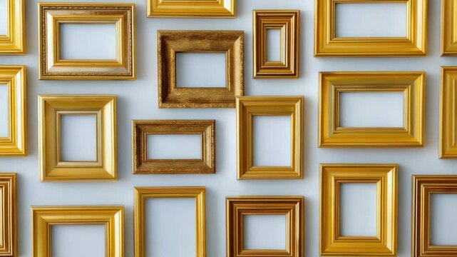 Array of Ornate Gold Frames Displayed on a White Wall in Artistic Arrangement