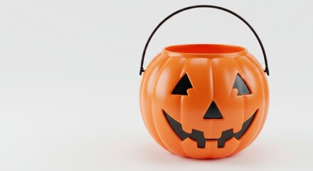 Fototapeta premium Orange Halloween pumpkin bucket with smiling face on white background 
