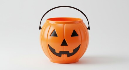 Orange Halloween pumpkin bucket with smiling face on white background
