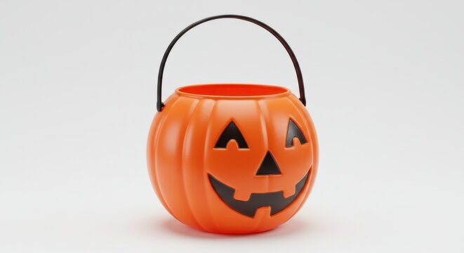 Orange Halloween pumpkin bucket with smiling face on white background
 - Powered by Adobe