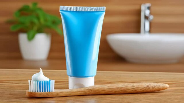 Blue Toothpaste Tube and Wooden Toothbrush on Textured Wood Surface in Modern Bathroom Setting