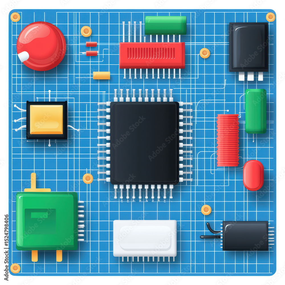 Poster microchip circuit board with colorful electronic components layout, isolated on transparent backgrou
