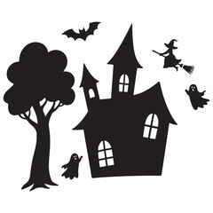 halloween house with bats and moon in white backraund