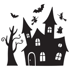Halloween haunted house silhouette with bats and pumpkin on a spooky hill at night