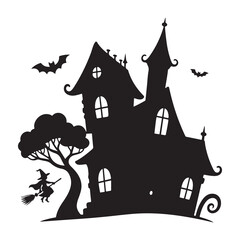 Spooky Halloween house with pumpkins bats and trees at night