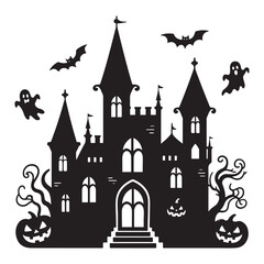 Halloween haunted castle silhouette with bats moon and spooky trees vector illustration