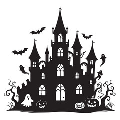 silhoutte style halloween palace in white backraund