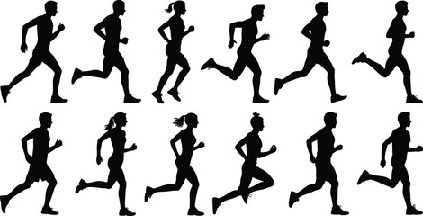 Running silhouette vector illustration, men and women jogging, fitness athlete poses, workout icons, training design, active lifestyle clipart