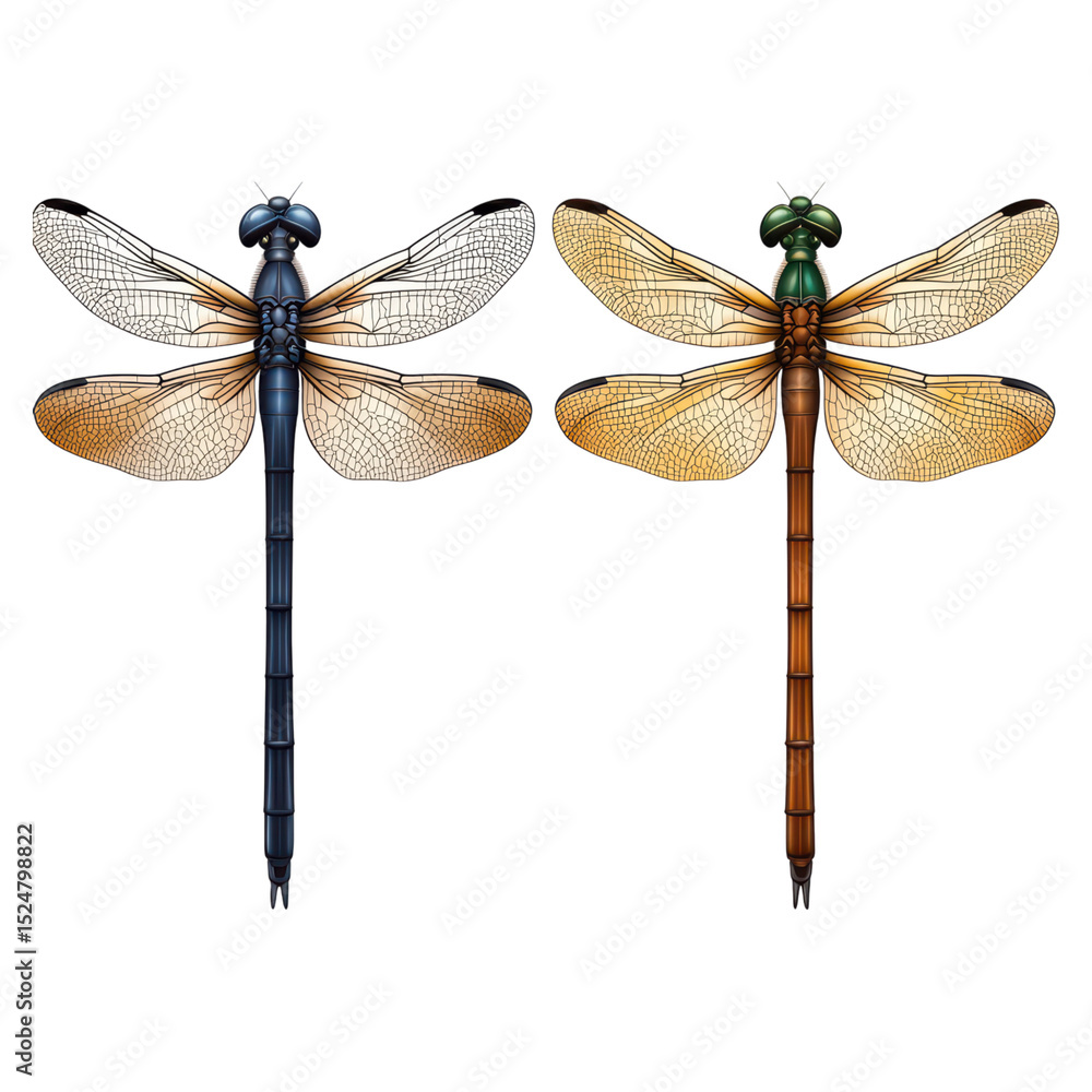 Poster colorful dragonflies with detailed wings and intricate patterns in flight, isolated on transparent b