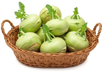 Freshly Harvested Kohlrabi in a Woven Basket on a White Background