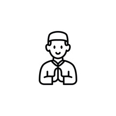A simple line art illustration of a smiling boy in traditional Muslim attire, performing a respectful salutation.