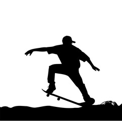 Obraz premium Silhouette of skateboarder performing trick, captured in mid air against plain background
