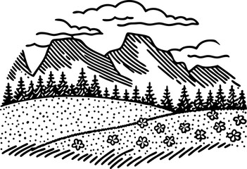 Mountain landscape sketch hand drawn scenic view with pine trees, hills, wildflowers, and clouds in black and white illustration