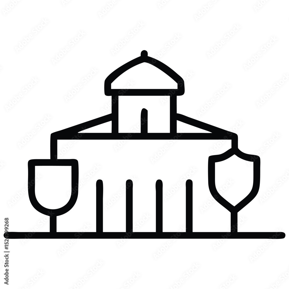 Poster illustration outline of a building with supporting elements symbolizing security and protection