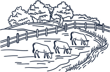 Cows grazing in countryside pasture with trees and wooden fence rural agriculture landscape, scenic farmland meadow