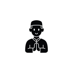 A simple black and white icon depicting a smiling Muslim boy in traditional clothing, offering a respectful greeting.