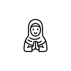 Line art icon of a smiling Muslim woman wearing a hijab, hands clasped in greeting.