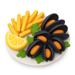3D Icon of Moules Frites – Traditional Belgian Mussels and Fries