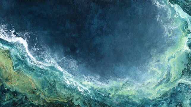 Aerial view of dark blue water meeting lighter green water with white foamy waves on the coast.