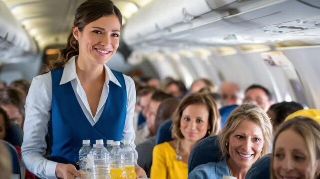 Cordial Air Service: An attendant offers refreshing beverages to passengers, embodying the spirit of hospitable service amidst the ambiance of an airplane's interior. 