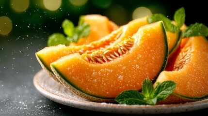 fresh cantaloupe cut in juicy slices, cantaloupe slices with water droplets