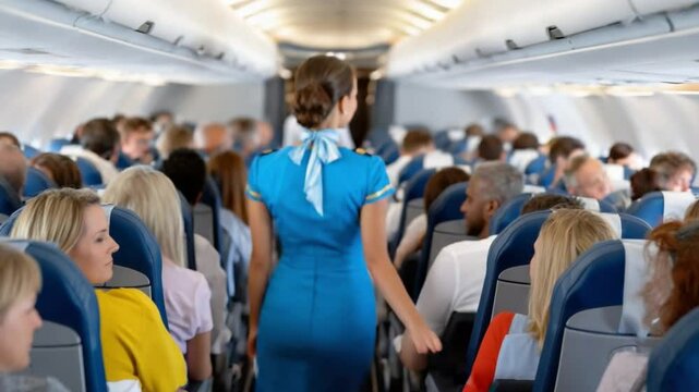 Air hostess in airplane: A focused air hostess strides down an airplane aisle amidst passengers. Her professional demeanor and elegant attire captures the essence of air travel.