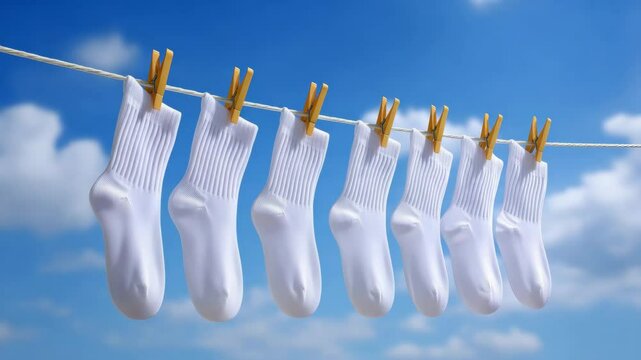 Fresh White Socks Hanging on a Clothesline Against a Bright Blue Sky with Fluffy Clouds