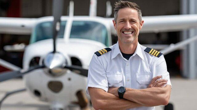 Ready for Takeoff: A seasoned pilot with a confident smile, radiating expertise and passion in front of a small aircraft. The pilot's posture and expression depict readiness for an adventure.