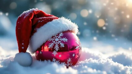 Christmas ornament decorated with snowflakes and santa hat in the snowy winter - Powered by Adobe
