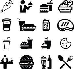 Food and drink set of web icons in line style. Restaurant linear icon collection. Containing meat, fruits, vegetables, desserts, drink, burger, pizza, hot dog, french fries and more