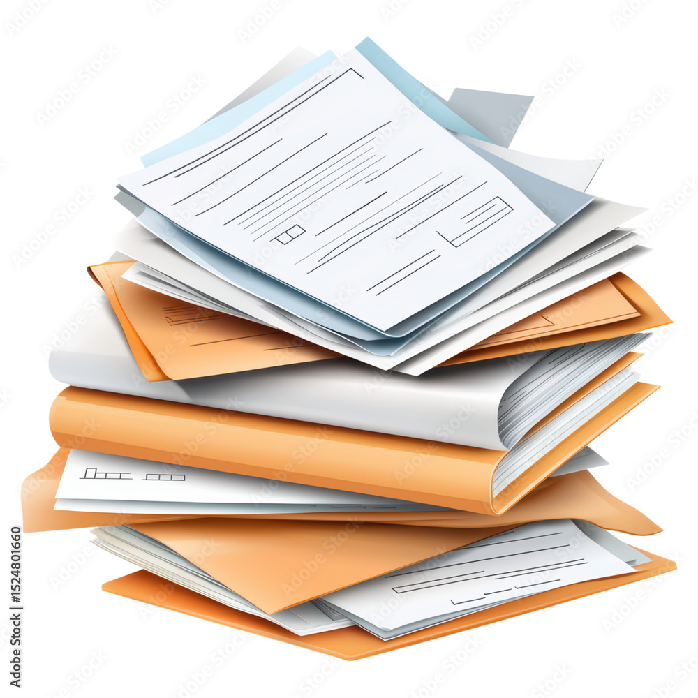 Poster organized pile of multicolored document folders with paper sheets, isolated on transparent backgroun